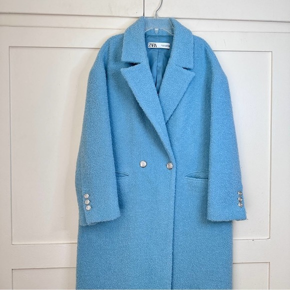 Zara Sky Blue Wool Long Coat Medium - Picture 3 of 8